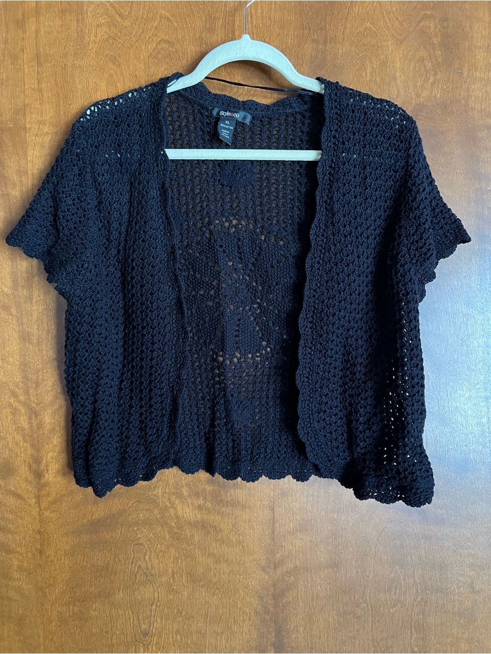 Style & Co. Black Crochet Open-Front Short-Sleeve Cardigan